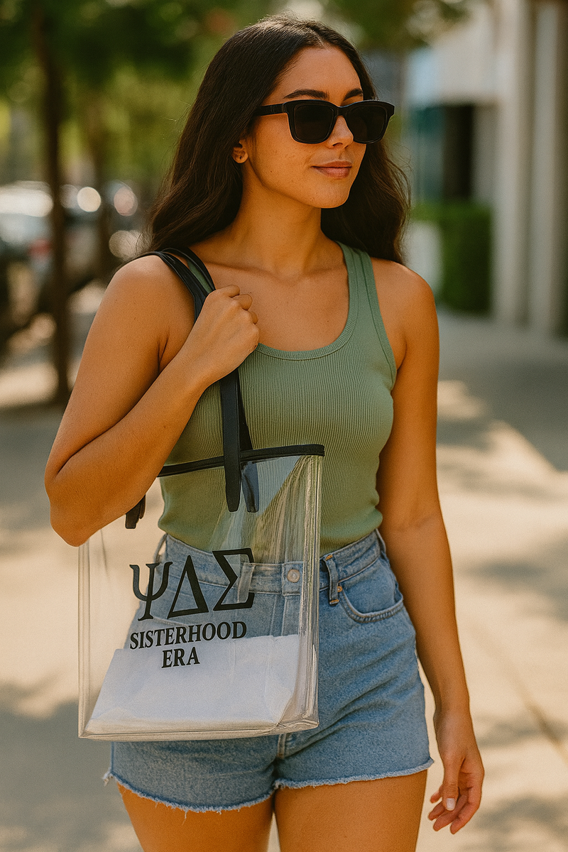 Woman holding a clear bag with a logo and text, walking outdoors.