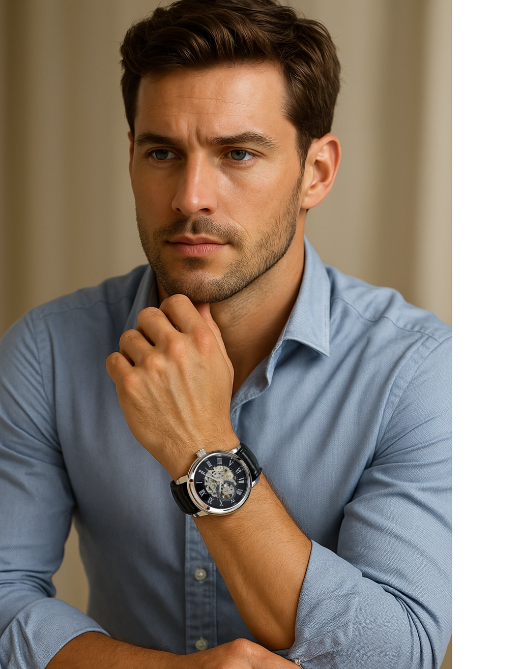 Man wearing a blue shirt and a watch, posing thoughtfully.