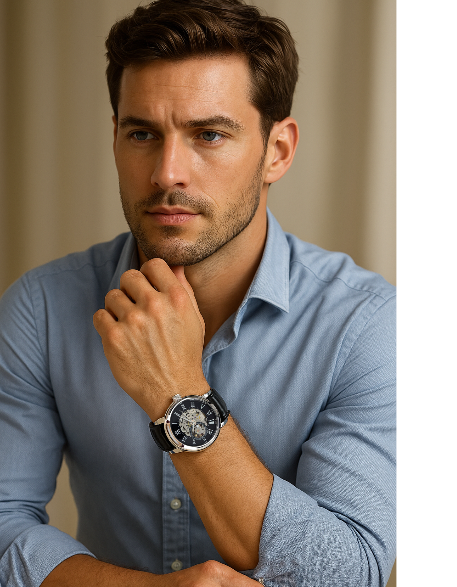Man wearing a blue shirt and a watch, posing thoughtfully.