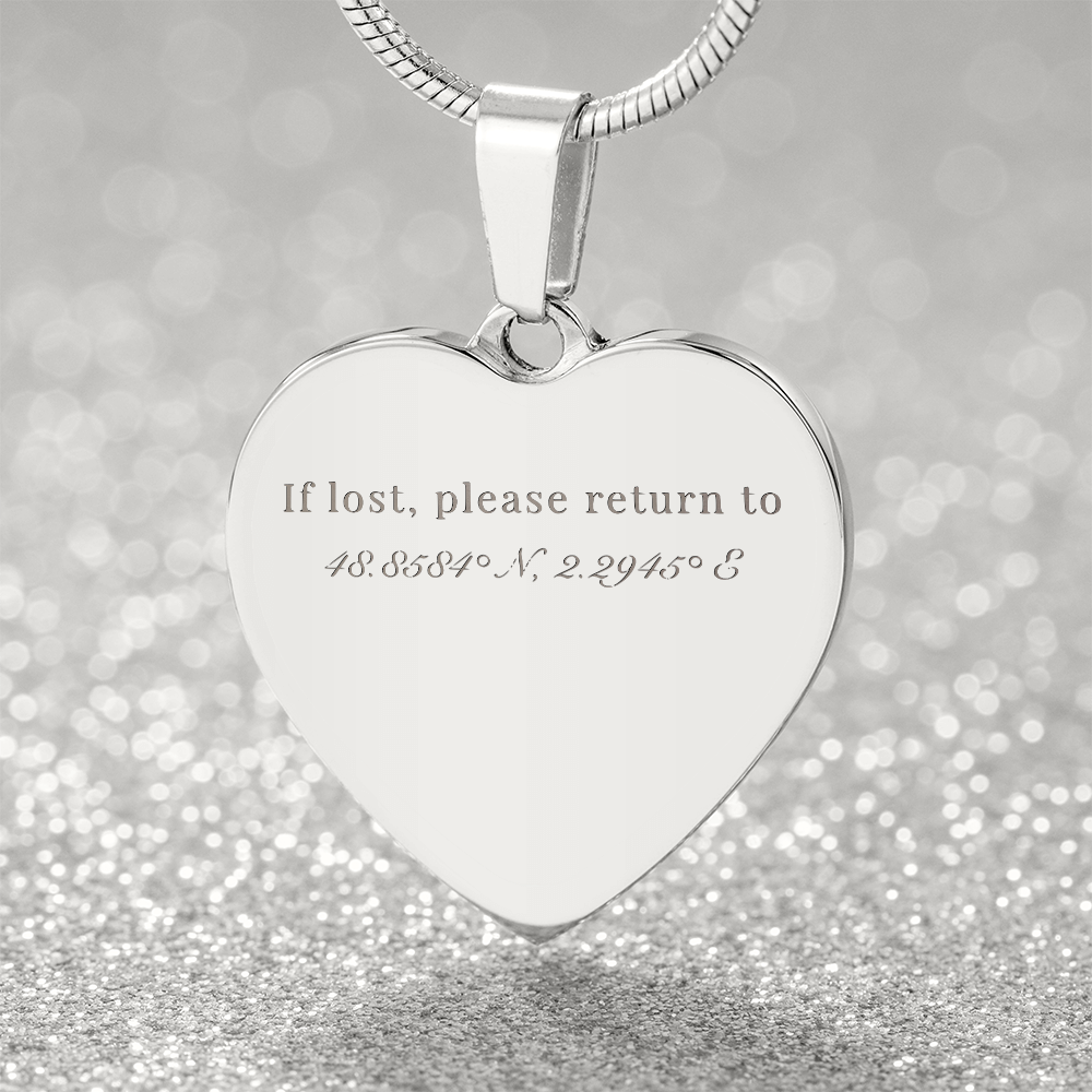 If lost, please return to 48.8584° N, 2.2945° E - Heart Necklace