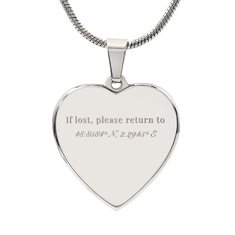 If lost, please return to 48.8584° N, 2.2945° E - Heart Necklace