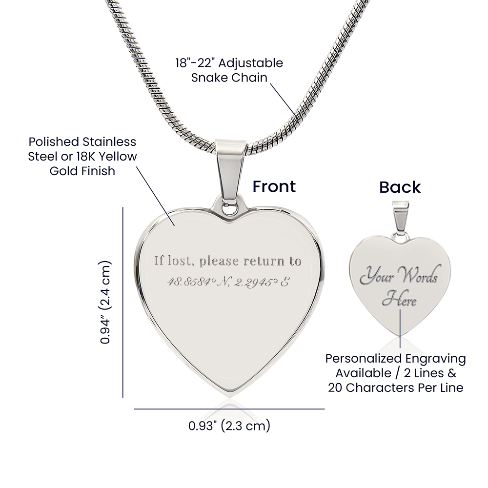 If lost, please return to 48.8584° N, 2.2945° E - Heart Necklace