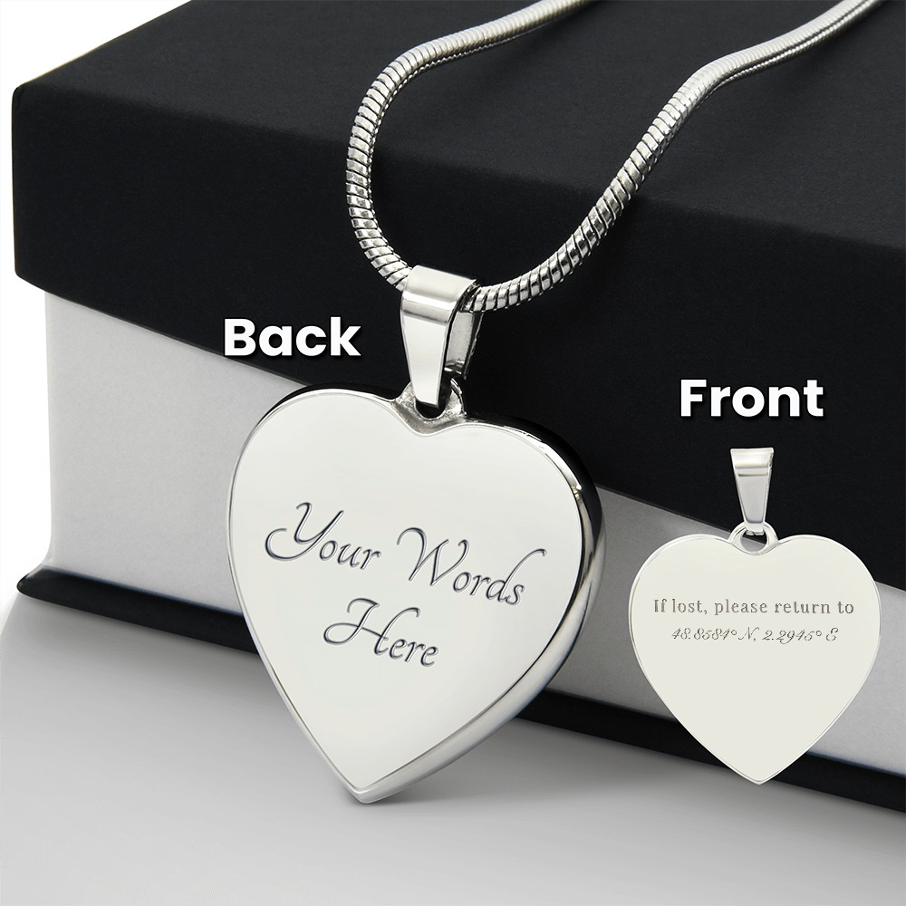 If lost, please return to 48.8584° N, 2.2945° E - Heart Necklace