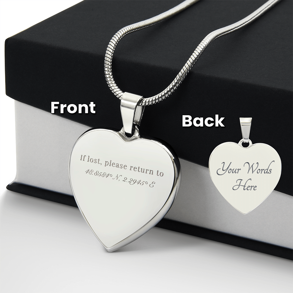 If lost, please return to 48.8584° N, 2.2945° E - Heart Necklace