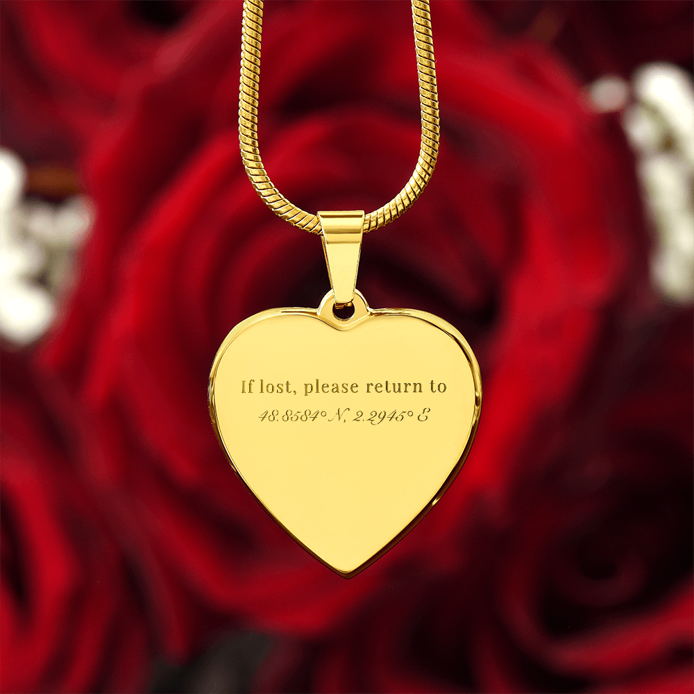 If lost, please return to 48.8584° N, 2.2945° E - Heart Necklace