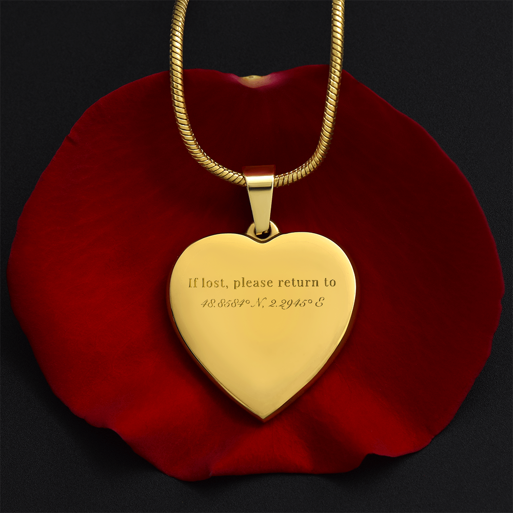 If lost, please return to 48.8584° N, 2.2945° E - Heart Necklace