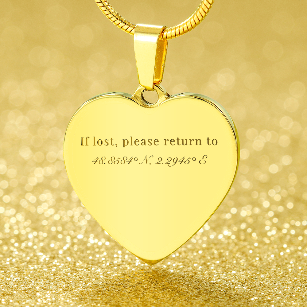 If lost, please return to 48.8584° N, 2.2945° E - Heart Necklace